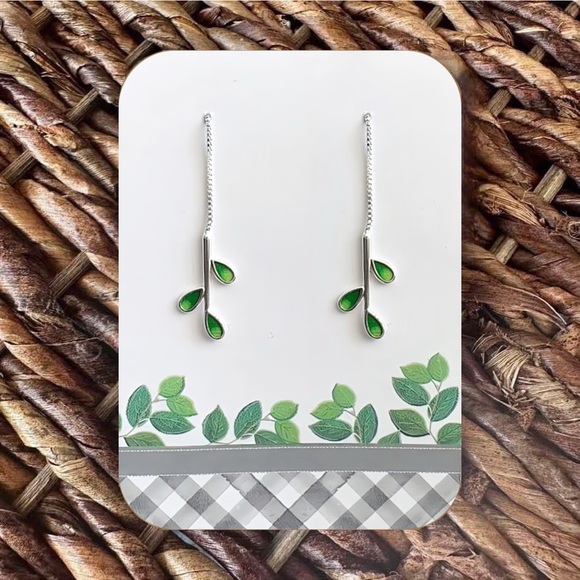 New Silver-Tone and Green Leaf Threader Earrings - Picture 1 of 7
